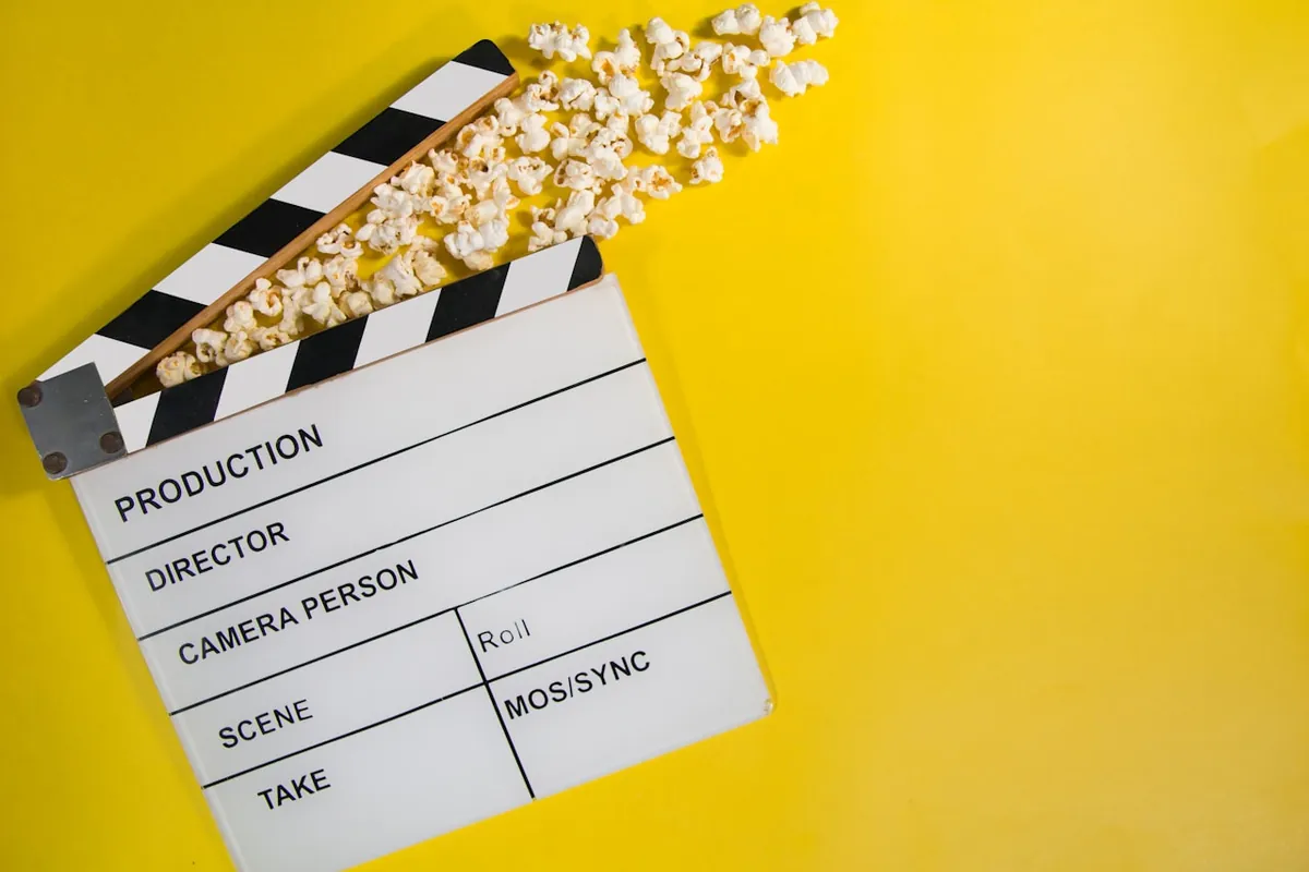 Claqueta de cine y palomitas sobre fondo amarillo